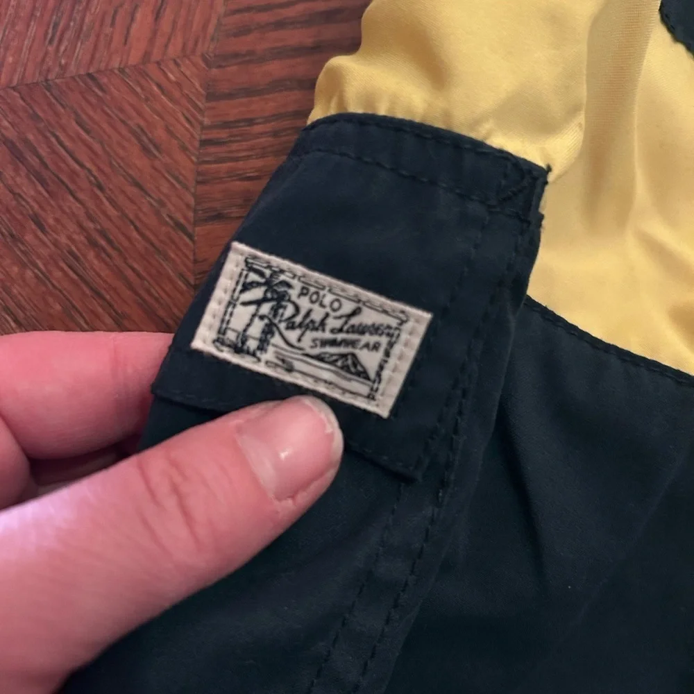 Polo Ralph Lauren Kids Big Pony Navy Yellow Striped Board Shorts Swim Trunks M